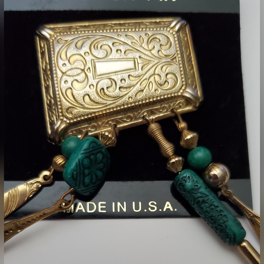 Unique Artsy Pin**Turquoise & Gold Dangles**New - Picture 2 of 3